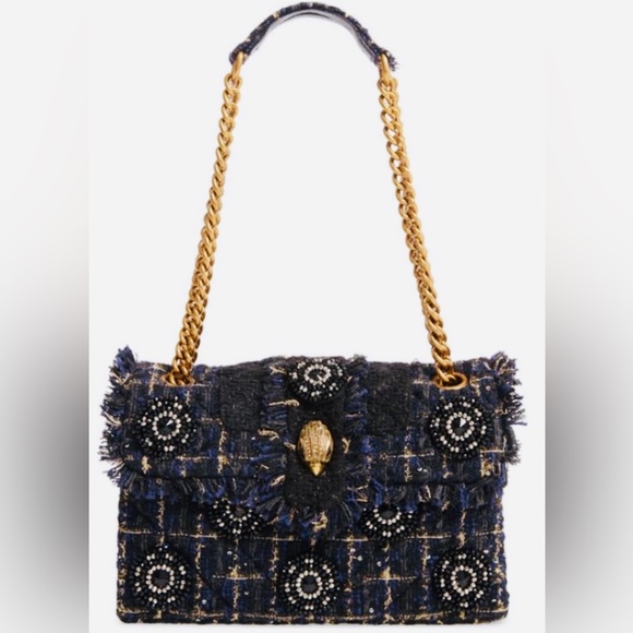 KURT GEIGER NAVY & BLACK EMBELLISHED with Gold Accent Tweed Handbag - Gold Chain - Picture 3 of 16